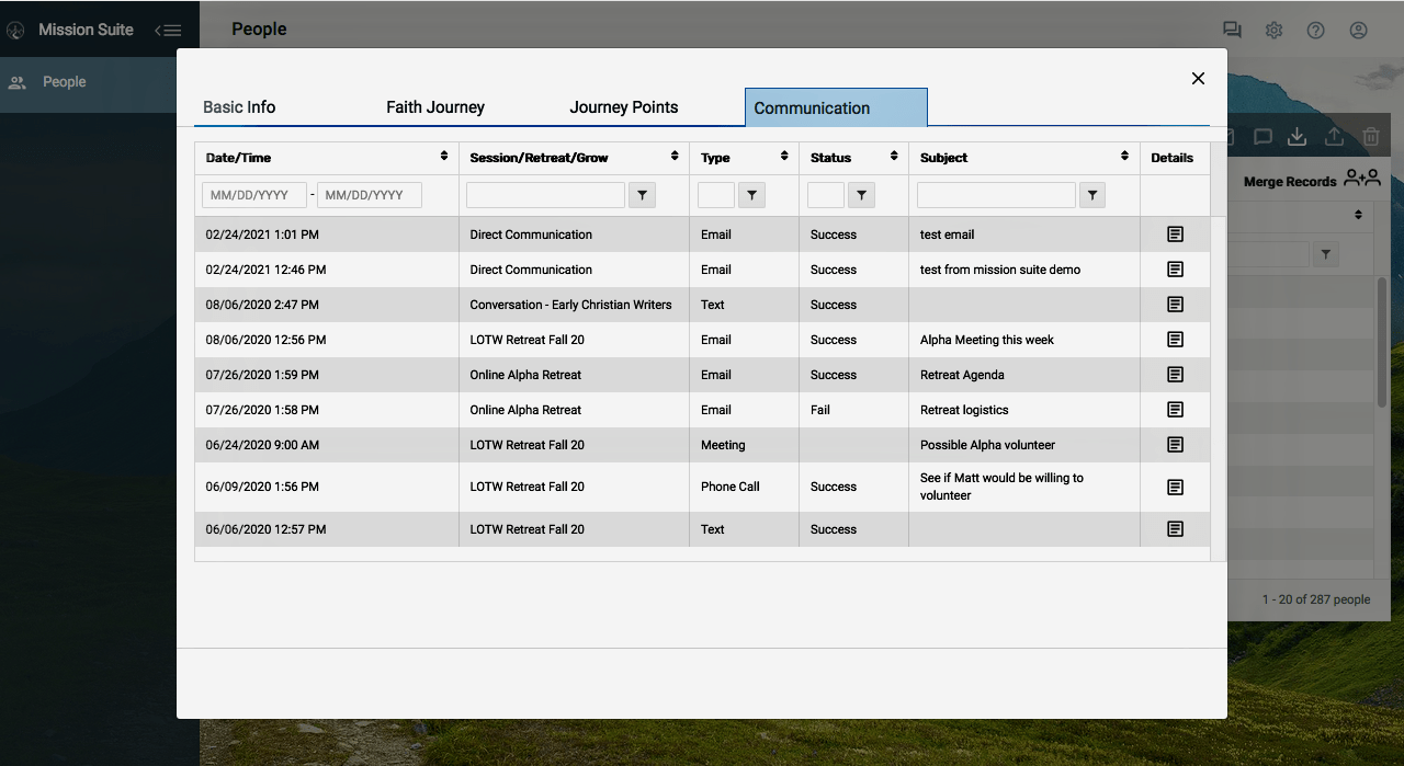 Mission Suite Profiles software Communication tab